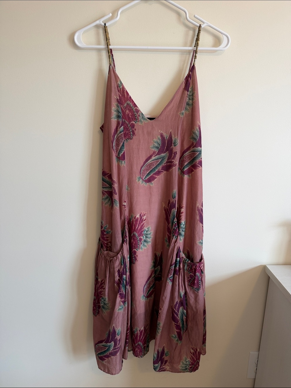 Mauve Floral Midi Slip Dress with Pockets